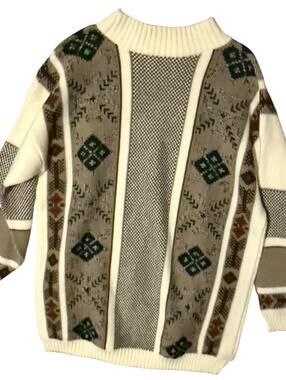 Clifton Place Vintage Geometric Knit Sweater Made in USA Beige Brown Green Large
